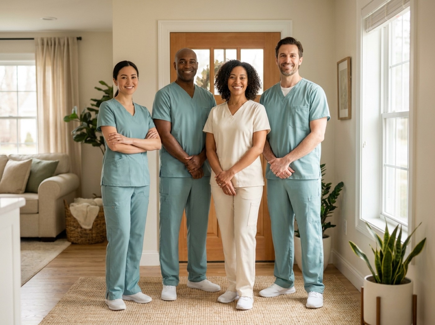 The Heart Warming AFC Home care team standing together in a bright home entryway